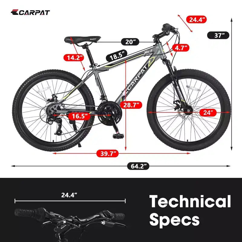 NAYSAYE Bicicletta Mountain Bike da 24 pollici, 21 velocità, telaio in acciaio per ragazzi e ragazze per avventure fuoristrada, grigio, 56.3*7.88*28.35