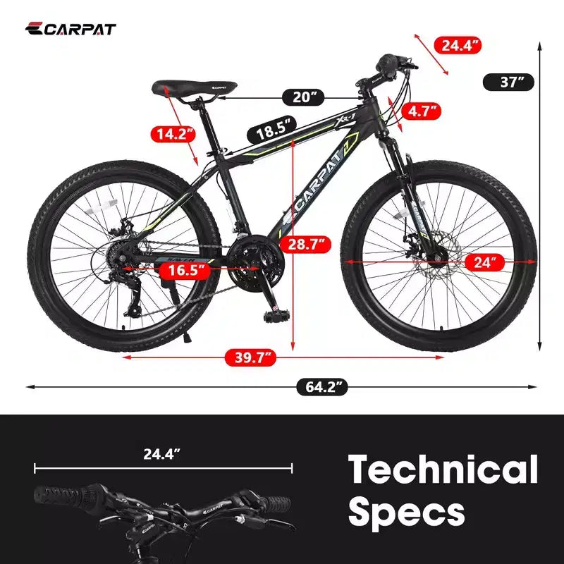 NAYSAYE Bicicletta 24 pollici Mountain Bike 21 velocità Telaio in acciaio per ragazzi e ragazze per percorsi fuoristrada, nero e verde, 56.3*7.88*28.35