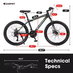 NAYSAYE Bicicletta 24 pollici Mountain Bike 21 velocità Telaio in acciaio per ragazzi e ragazze per percorsi fuoristrada, nero e verde, 56.3*7.88*28.35