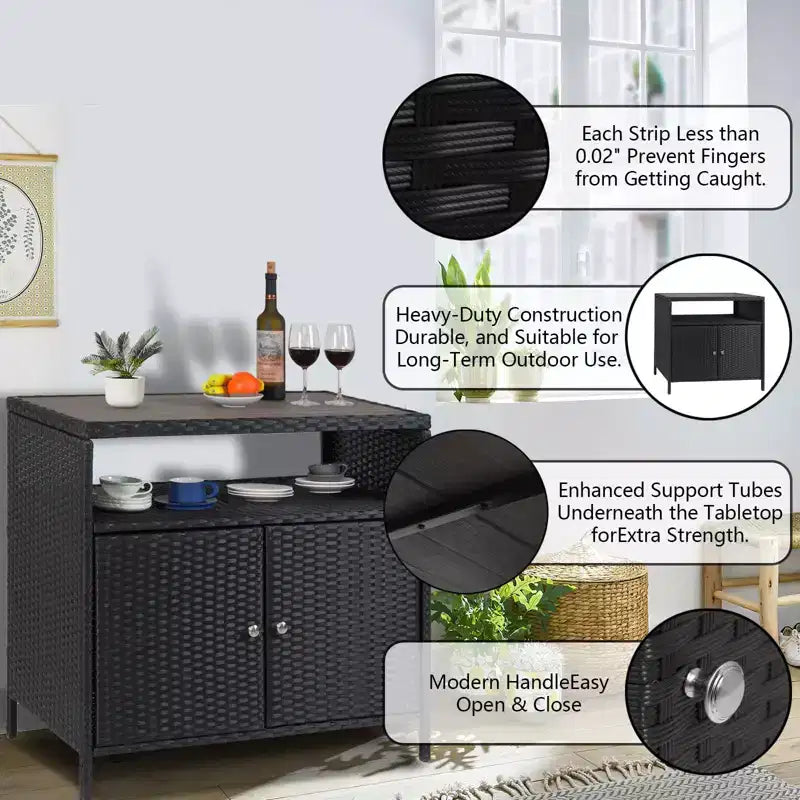 Tavolo da Bar per Esterni con 2 Ante e Ripiano, Mobiletto Contenitore in Vimini per Patio, Acciaio Verniciato a Polvere, Rattan Sintetico per Tutte le Stagioni, per Giardino Piscina Patio, Cucina