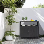 Tavolo da Bar per Esterni con 2 Ante e Ripiano, Mobiletto Contenitore in Vimini per Patio, Acciaio Verniciato a Polvere, Rattan Sintetico per Tutte le Stagioni, per Giardino Piscina Patio, Cucina