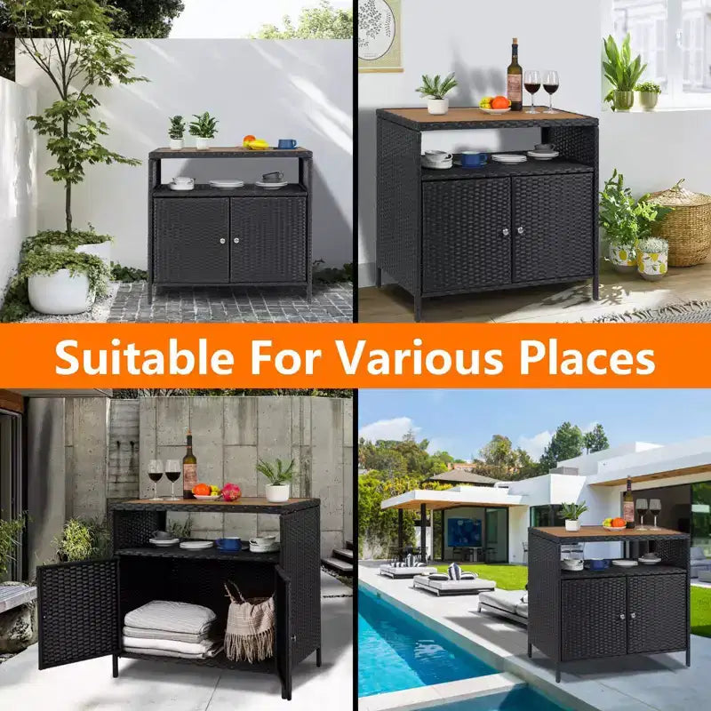 Tavolo da Bar per Esterni con 2 Ante e Ripiano, Mobiletto Contenitore in Vimini per Patio, Acciaio Verniciato a Polvere, Rattan Sintetico per Tutte le Stagioni, per Giardino Piscina Patio, Cucina