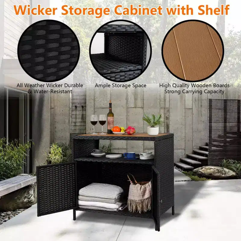 Tavolo da Bar per Esterni con 2 Ante e Ripiano, Mobiletto Contenitore in Vimini per Patio, Acciaio Verniciato a Polvere, Rattan Sintetico per Tutte le Stagioni, per Giardino Piscina Patio, Cucina