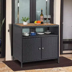 Tavolo da Bar per Esterni con 2 Ante e Ripiano, Mobiletto Contenitore in Vimini per Patio, Acciaio Verniciato a Polvere, Rattan Sintetico per Tutte le Stagioni, per Giardino Piscina Patio, Cucina
