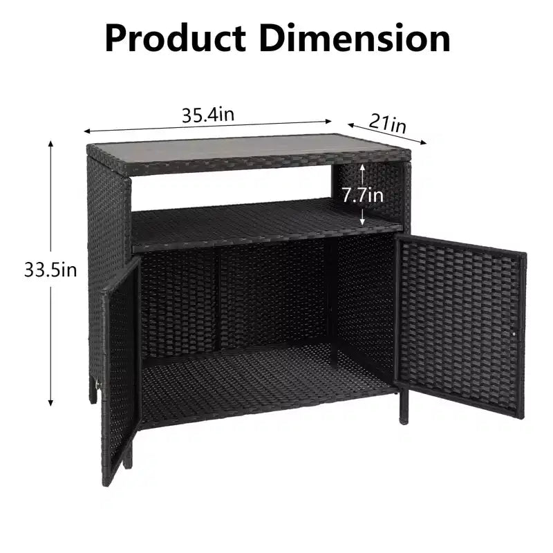 Tavolo da Bar per Esterni con 2 Ante e Ripiano, Mobiletto Contenitore in Vimini per Patio, Acciaio Verniciato a Polvere, Rattan Sintetico per Tutte le Stagioni, per Giardino Piscina Patio, Cucina