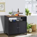 Outdoor Patio Bar Table w/2-Door and Shelf Patio Wicker Storage Cabinet, Powder Coated Steel, All Weather Resin Wicker, Patio Pool Garden, Kitchen