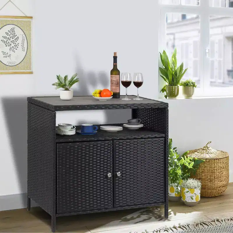 Outdoor Patio Bar Table w/2-Door and Shelf Patio Wicker Storage Cabinet, Powder Coated Steel, All Weather Resin Wicker, Patio Pool Garden, Kitchen