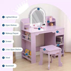 Toeletta Trucchi per Bambini con Specchio Illuminato e Sgabello, Toeletta per Bambine con Libreria, Cassetto Portaoggetti