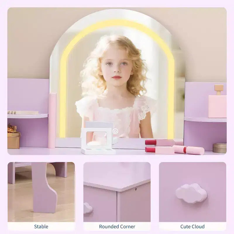 Toeletta Trucchi per Bambini con Specchio Illuminato e Sgabello, Toeletta per Bambine con Libreria, Cassetto Portaoggetti