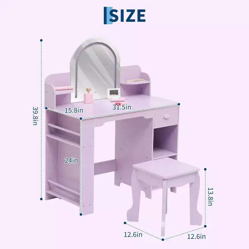 Toeletta Trucchi per Bambini con Specchio Illuminato e Sgabello, Toeletta per Bambine con Libreria, Cassetto Portaoggetti