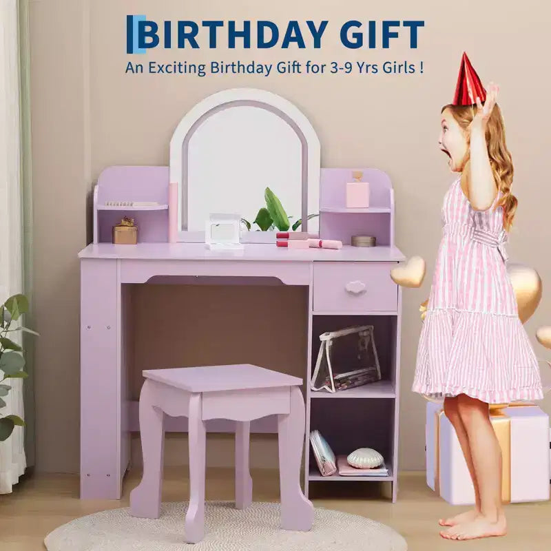 Toeletta Trucchi per Bambini con Specchio Illuminato e Sgabello, Toeletta per Bambine con Libreria, Cassetto Portaoggetti