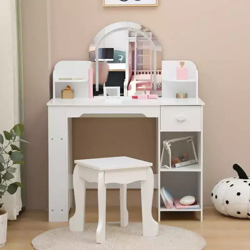 Toeletta Trucchi per Bambini con Specchio Illuminato e Sgabello, Toeletta per Bambine con Libreria, Cassetto Portaoggetti