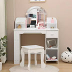 Toeletta Trucchi per Bambini con Specchio Illuminato e Sgabello, Toeletta per Bambine con Libreria, Cassetto Portaoggetti