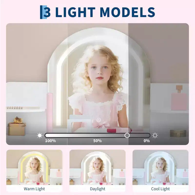 Toeletta Trucchi per Bambini con Specchio Illuminato e Sgabello, Toeletta per Bambine con Libreria, Cassetto Portaoggetti