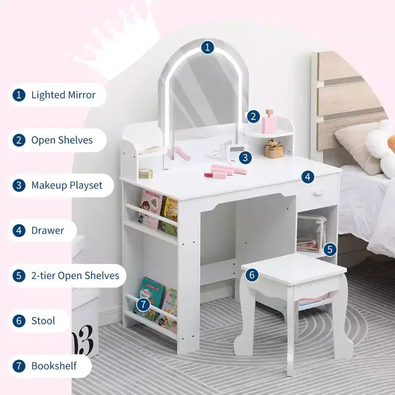 Toeletta Trucchi per Bambini con Specchio Illuminato e Sgabello, Toeletta per Bambine con Libreria, Cassetto Portaoggetti