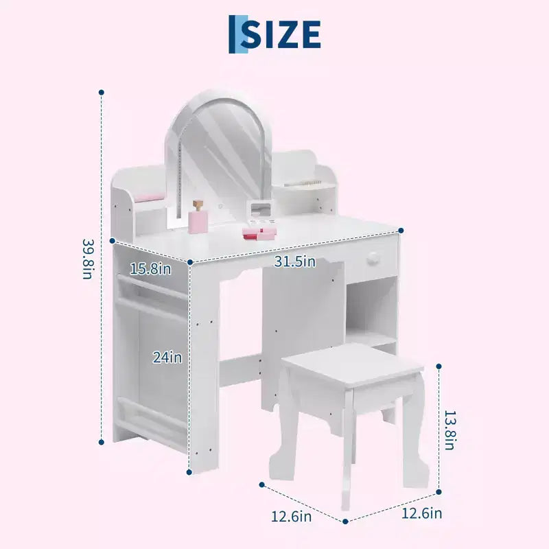 Toeletta Trucchi per Bambini con Specchio Illuminato e Sgabello, Toeletta per Bambine con Libreria, Cassetto Portaoggetti