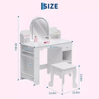 Toeletta Trucchi per Bambini con Specchio Illuminato e Sgabello, Toeletta per Bambine con Libreria, Cassetto Portaoggetti