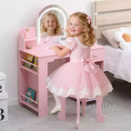 Toeletta Trucchi per Bambini con Specchio Illuminato e Sgabello, Toeletta per Bambine con Libreria, Cassetto Portaoggetti
