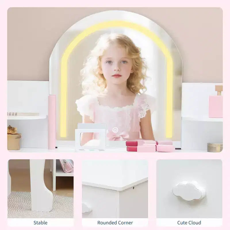 Toeletta Trucchi per Bambini con Specchio Illuminato e Sgabello, Toeletta per Bambine con Libreria, Cassetto Portaoggetti