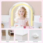 Toeletta Trucchi per Bambini con Specchio Illuminato e Sgabello, Toeletta per Bambine con Libreria, Cassetto Portaoggetti