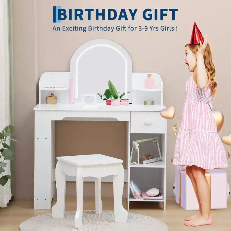 Toeletta Trucchi per Bambini con Specchio Illuminato e Sgabello, Toeletta per Bambine con Libreria, Cassetto Portaoggetti