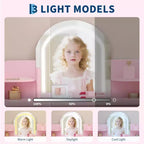 Toeletta Trucchi per Bambini con Specchio Illuminato e Sgabello, Toeletta per Bambine con Libreria, Cassetto Portaoggetti
