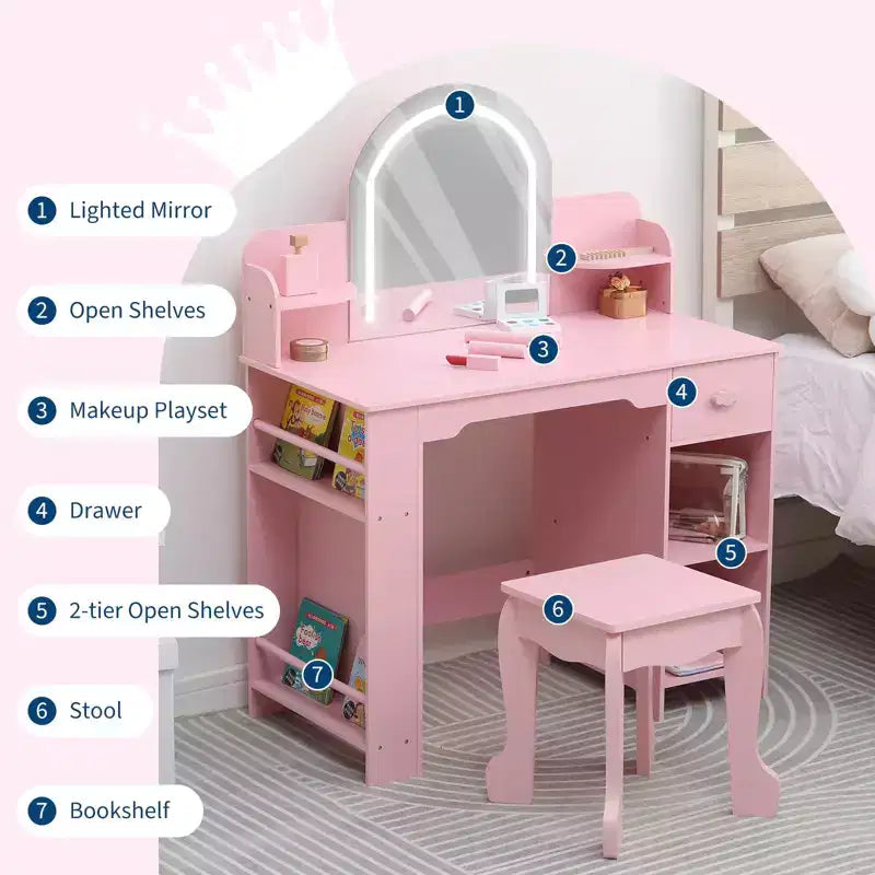Toeletta Trucchi per Bambini con Specchio Illuminato e Sgabello, Toeletta per Bambine con Libreria, Cassetto Portaoggetti