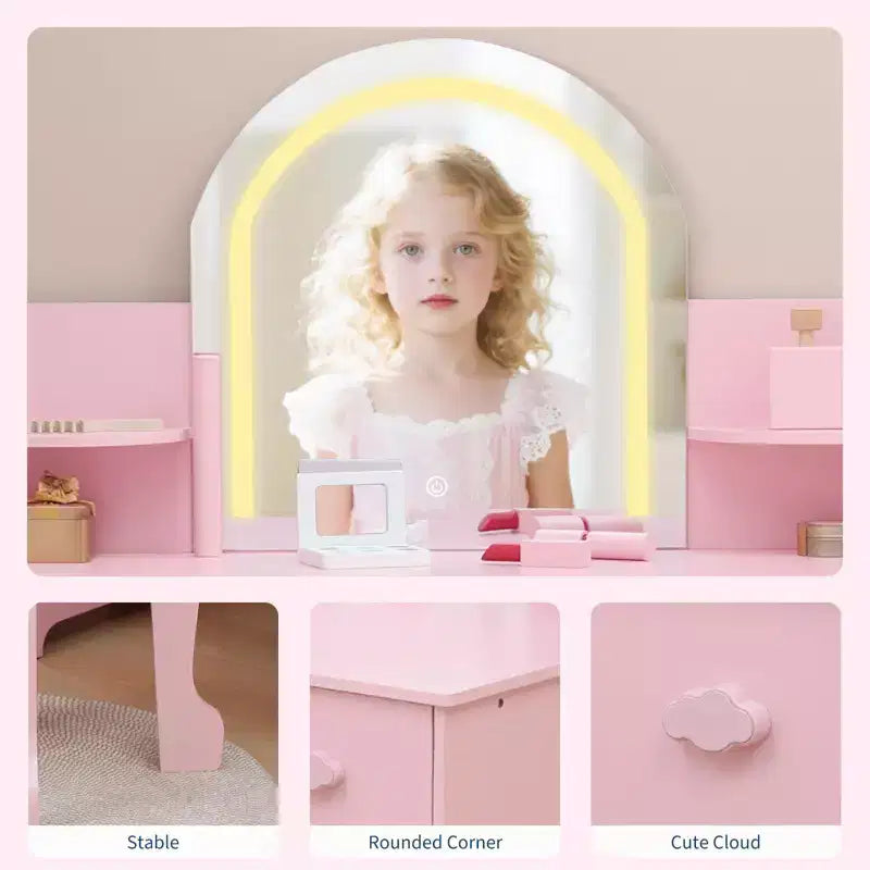 Toeletta Trucchi per Bambini con Specchio Illuminato e Sgabello, Toeletta per Bambine con Libreria, Cassetto Portaoggetti