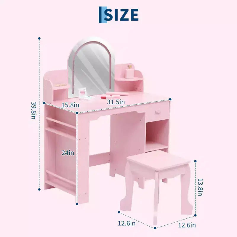 Toeletta Trucchi per Bambini con Specchio Illuminato e Sgabello, Toeletta per Bambine con Libreria, Cassetto Portaoggetti