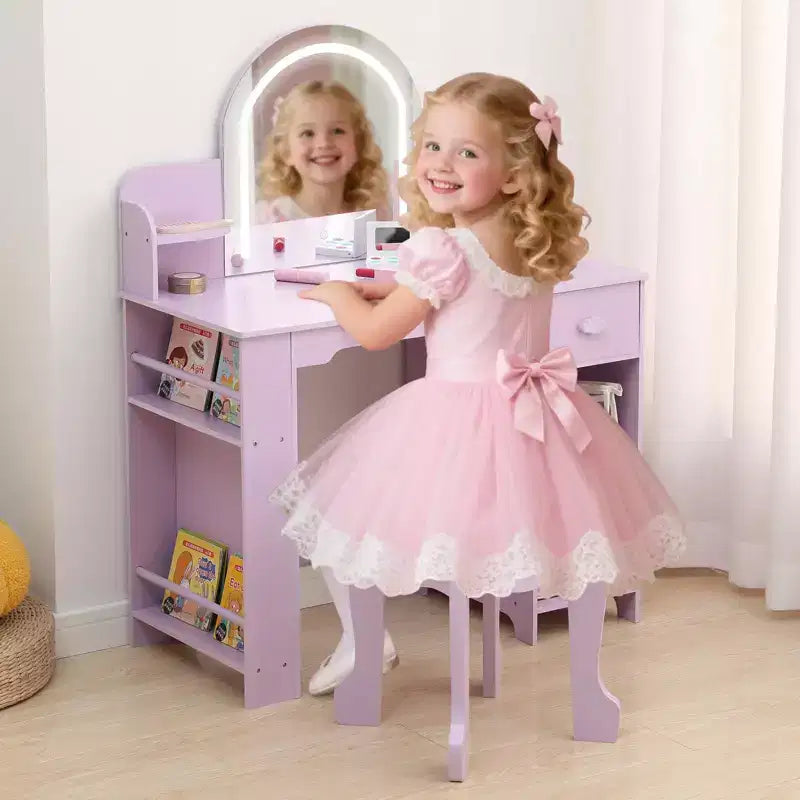 Toeletta Trucchi per Bambini con Specchio Illuminato e Sgabello, Toeletta per Bambine con Libreria, Cassetto Portaoggetti