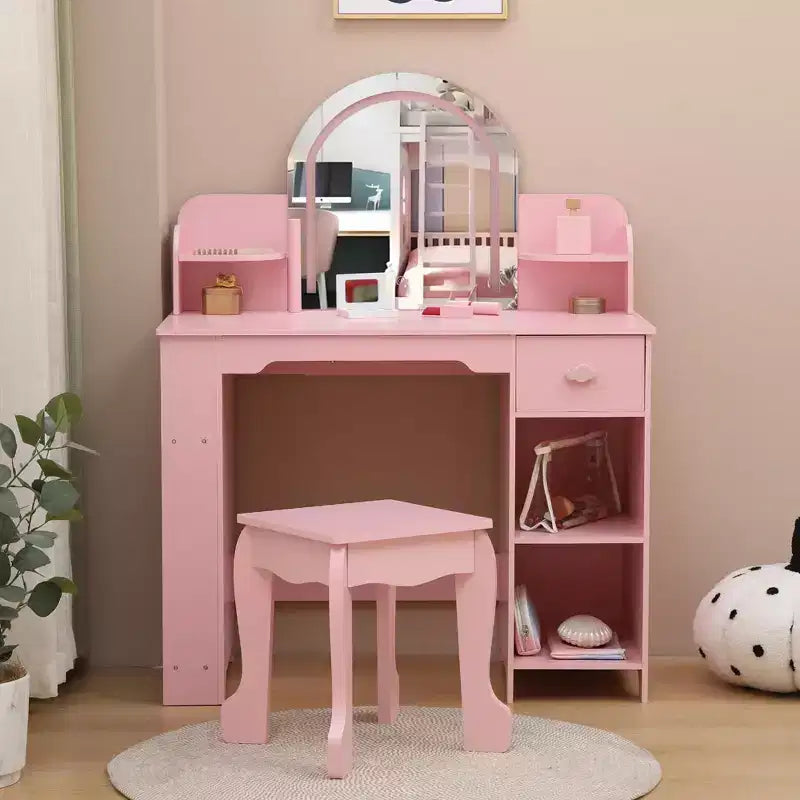 Kids Makeup Vanity with Lighted Mirror & Stool, Little Girls Vanity with Bookshelf, Storage Drawer