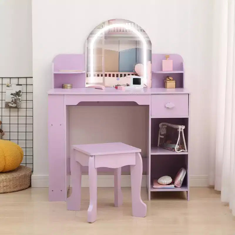 Kids Makeup Vanity with Lighted Mirror & Stool, Little Girls Vanity with Bookshelf, Storage Drawer