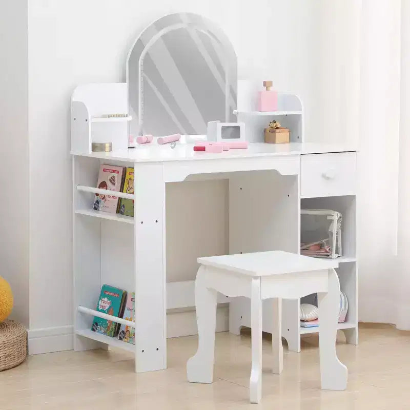Kids Makeup Vanity with Lighted Mirror & Stool, Little Girls Vanity with Bookshelf, Storage Drawer