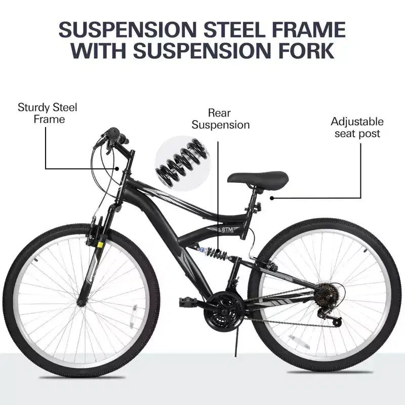 hykolity 27,5 pollici Mountain Bike MTB Bicicletta da Esterno Ciclismo 18 Velocità Bici Sportive Trail Fuoristrada Full Suspension per Adulti Uomo Unisex Nero