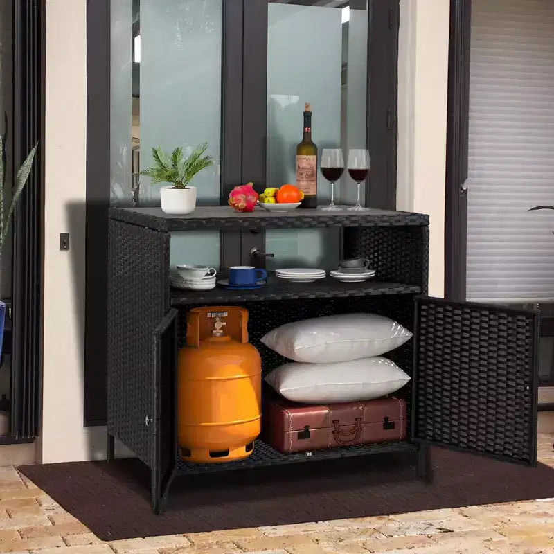 Outdoor Storage Cabinet with Doors - Weatherproof Rattan Patio Storage Box & Bar Table