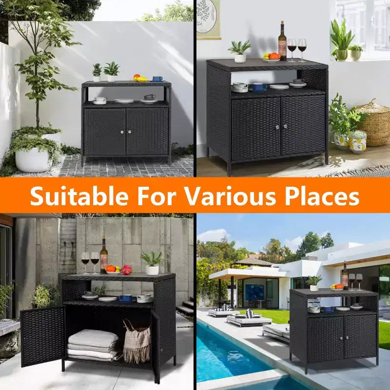 Outdoor Storage Cabinet with Doors - Weatherproof Rattan Patio Storage Box & Bar Table