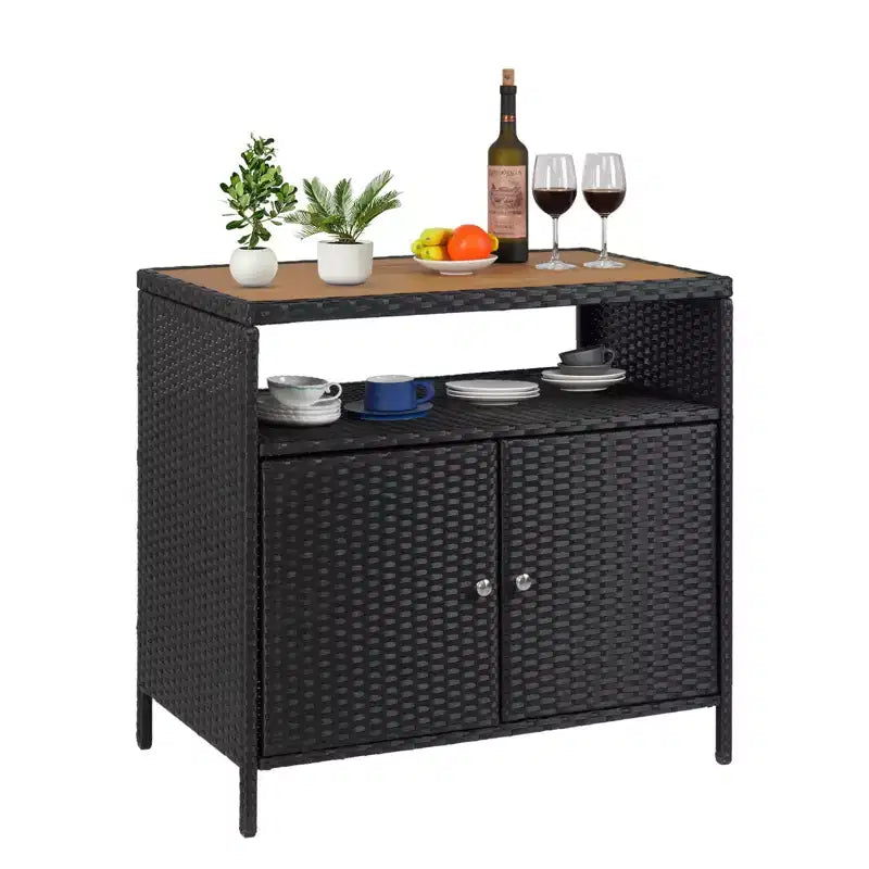 Outdoor Storage Cabinet with Doors - Weatherproof Rattan Patio Storage Box & Bar Table