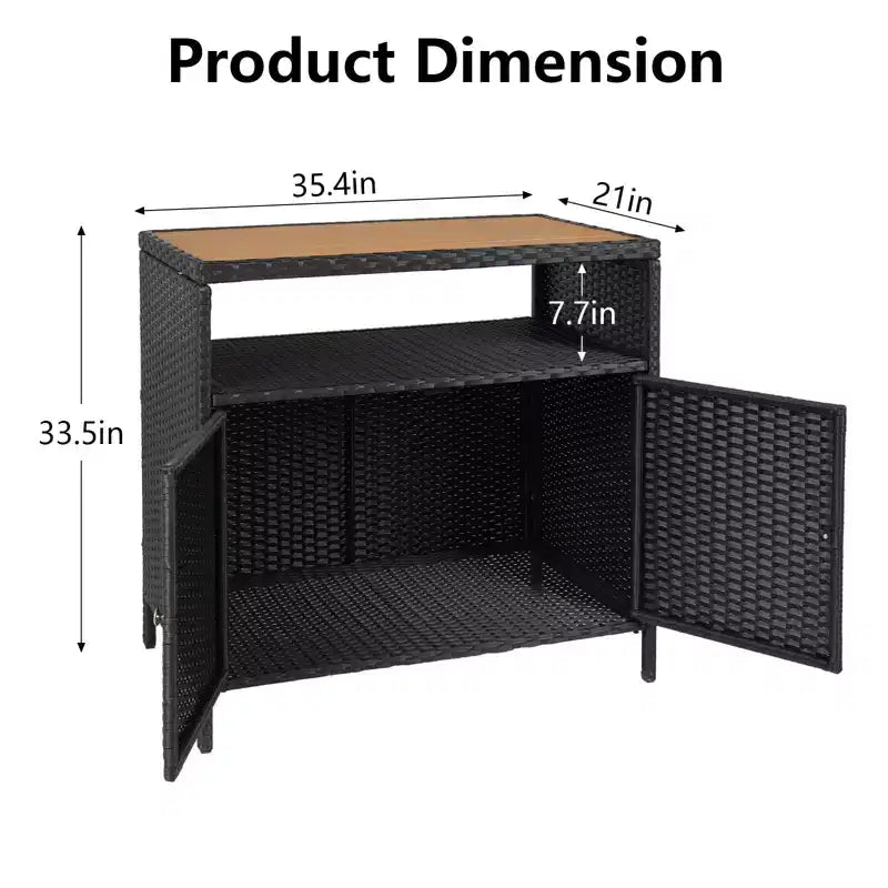 Outdoor Storage Cabinet with Doors - Weatherproof Rattan Patio Storage Box & Bar Table