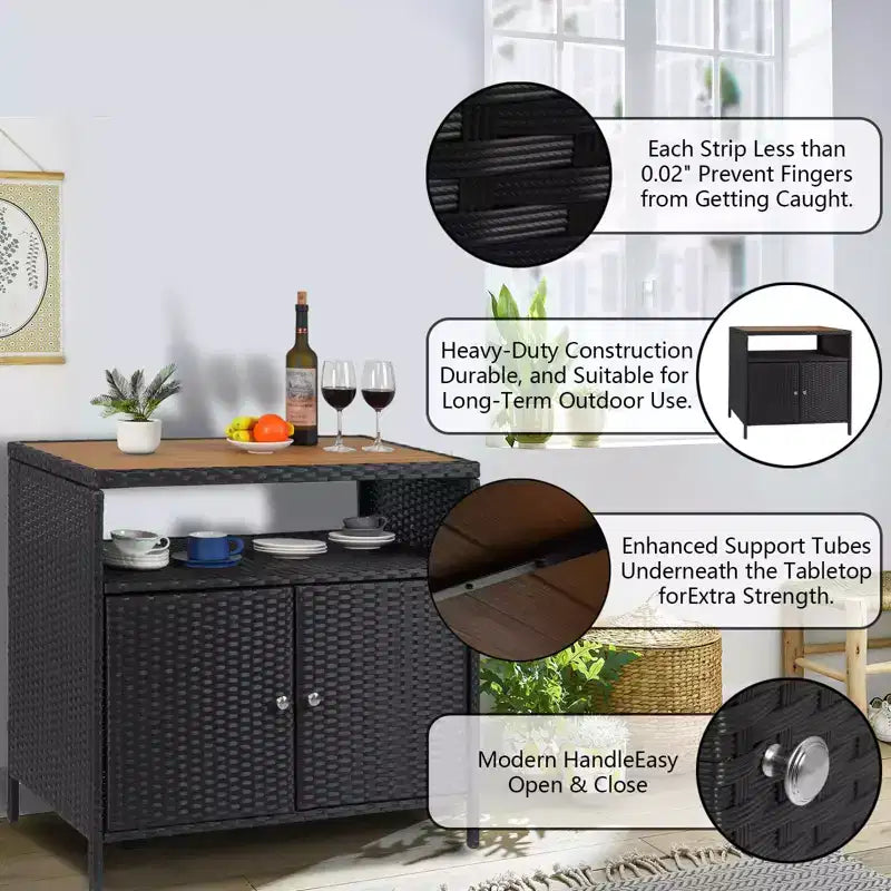 Outdoor Storage Cabinet with Doors - Weatherproof Rattan Patio Storage Box & Bar Table