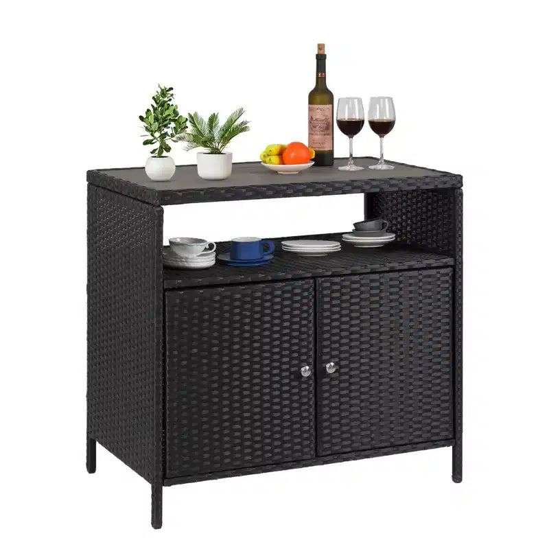 Outdoor Storage Cabinet with Doors - Weatherproof Rattan Patio Storage Box & Bar Table