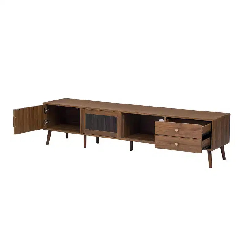 ModernLuxe TV Stand for TVs up to 85, Entertainment Center with Storage Cabinets & Glass-Doors, Media Console, Natural