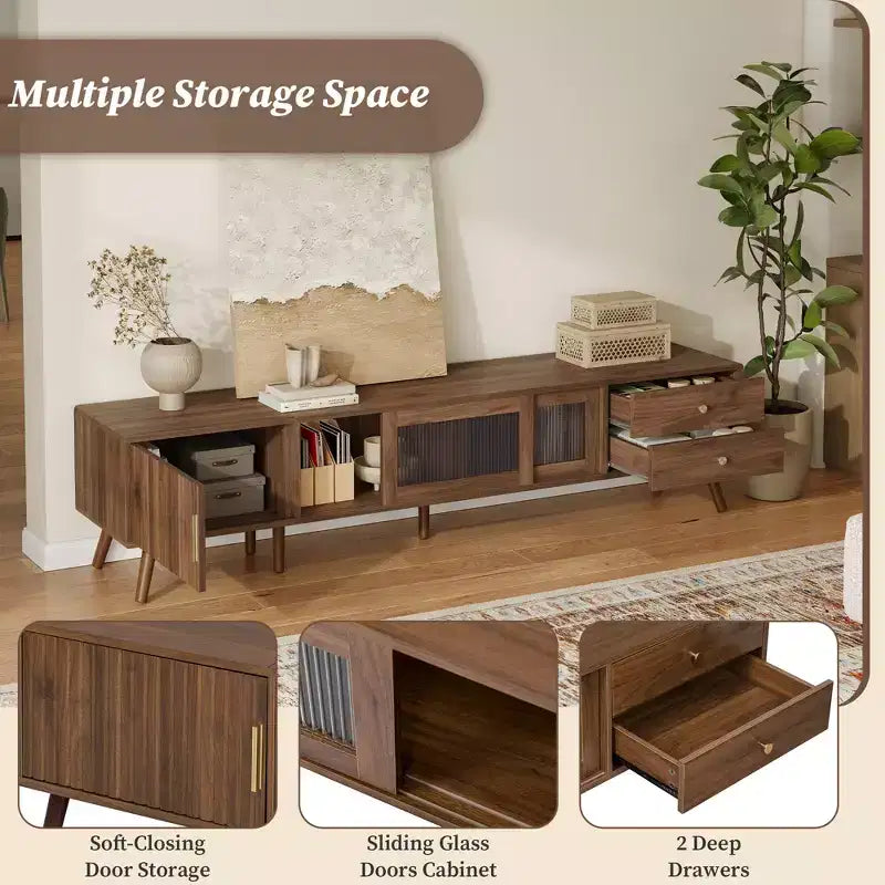 ModernLuxe TV Stand for TVs up to 85, Entertainment Center with Storage Cabinets & Glass-Doors, Media Console, Natural