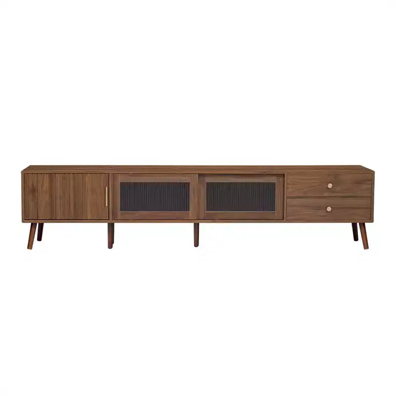 ModernLuxe TV Stand for TVs up to 85, Entertainment Center with Storage Cabinets & Glass-Doors, Media Console, Natural