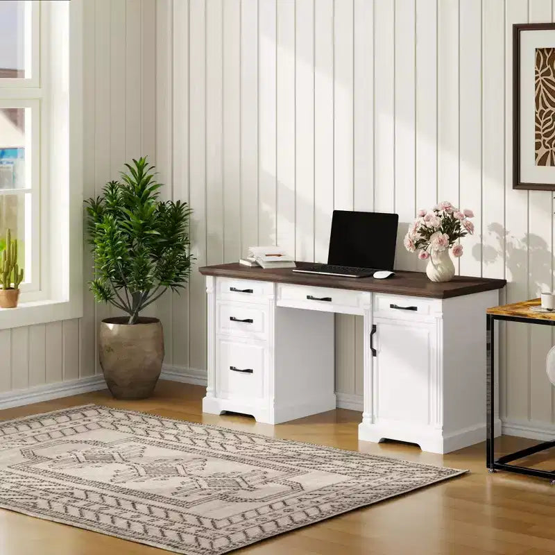 Famapy White and Brown Wooden Writing Desk Office Desk Computer Desk with Drawers - Home Office Workstation
