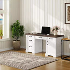 Famapy White and Brown Wooden Writing Desk Office Desk Computer Desk with Drawers - Home Office Workstation