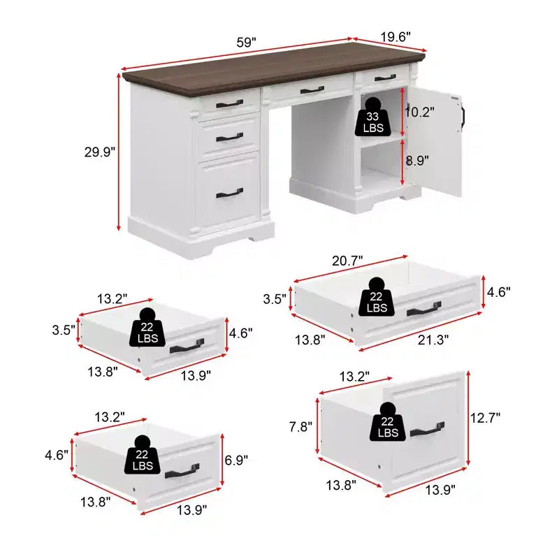 Famapy White and Brown Wooden Writing Desk Office Desk Computer Desk with Drawers - Home Office Workstation