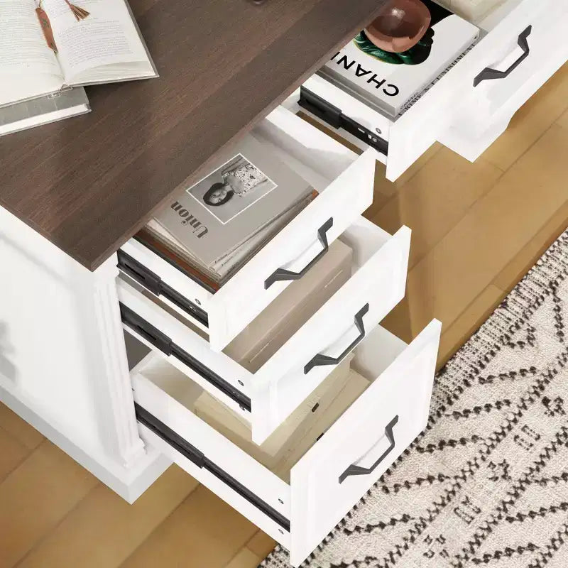 Famapy White and Brown Wooden Writing Desk Office Desk Computer Desk with Drawers - Home Office Workstation