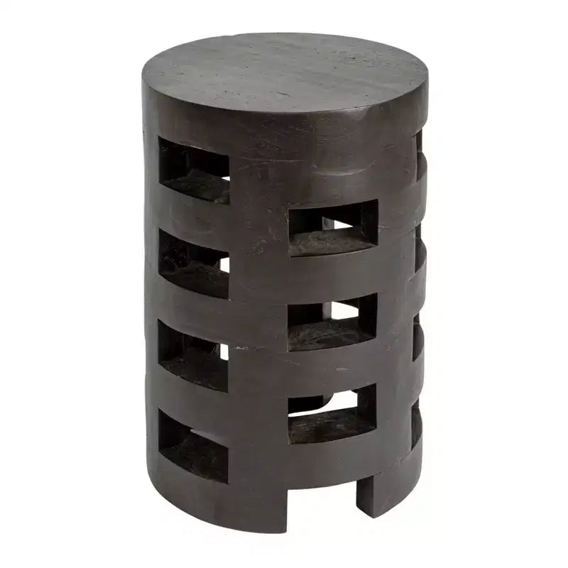 Storied Home Round Mindi Wood Stool with Textured Surface, Black