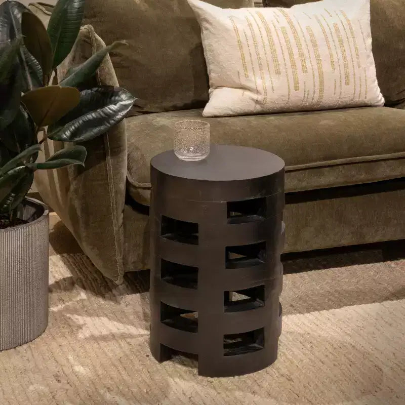 Storied Home Round Mindi Wood Stool with Textured Surface, Black