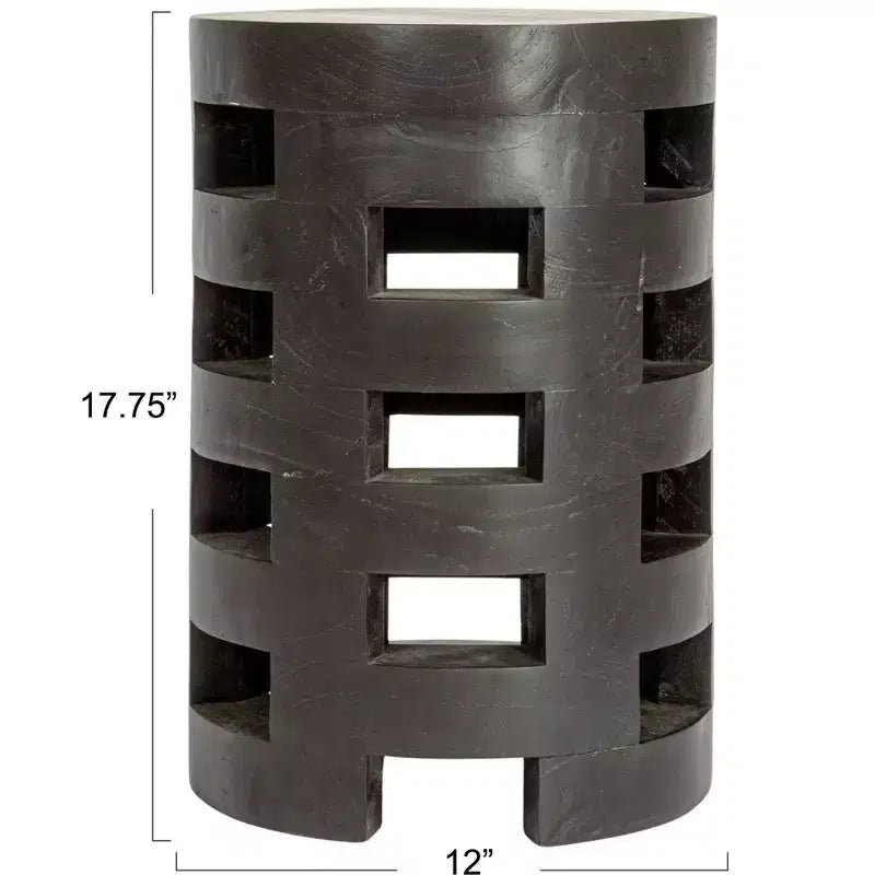 Storied Home Round Mindi Wood Stool with Textured Surface, Black